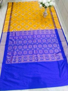Vibrant Yellow &amp; Blue Sambalpuri Papa Silk Full pr