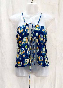 22197. Blue Floral Tie-Front Crop Top