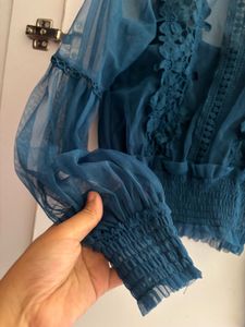 Elegant Blue Lace Trim Sheer Top