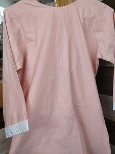 Peach Khadi Cotton Kurta Set with White Lace