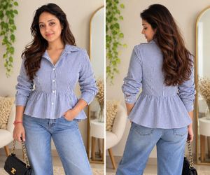 Chic Blue Striped Peplum Top