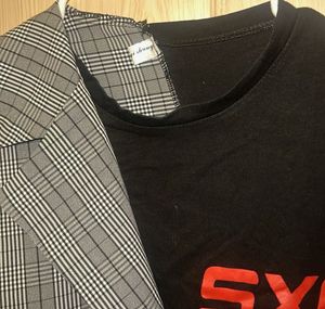 Asymmetrical Plaid Blazer T-Shirt Combo