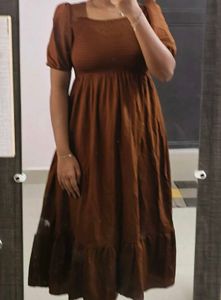 Brown Smocked Square Neck Dress