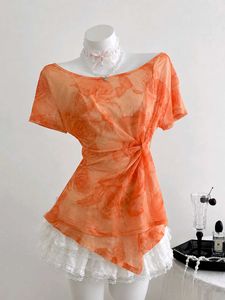 Vintage Orange Floral Sheer Mesh Top