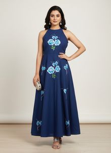 Beautiful Blue Floral Hand-Painted Gown