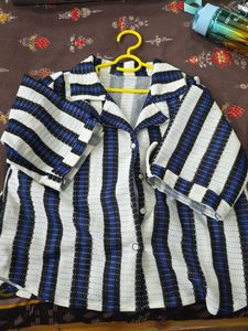Striped Short Sleeve Button-Up Blouse