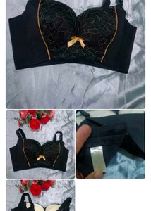 Black Lace Padded Bra with Gold Accents