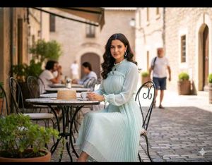Elegant Light Blue Pleated Midi Dress