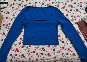 Blue Square Neck Crop Top with Long Sleeves