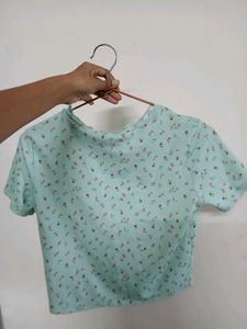Mint Green Floral Print Ribbed Crop Top