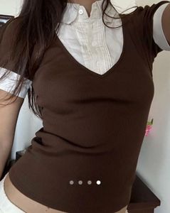 Brown Ribbed V-Neck Top with Collar