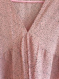 Blushing Dot Ruffle-Cuff Peplum Blouse.