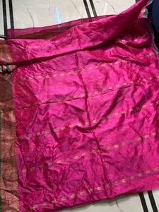 Vibrant Pink Silk Saree with Gold Border
