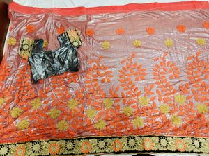 🇳🇿💫🎀Elegant Grey &amp; Orange Embellished Saree