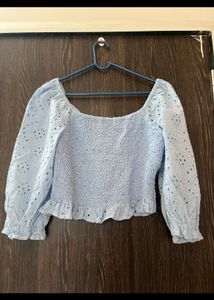 Blue Eyelet Cropped Top