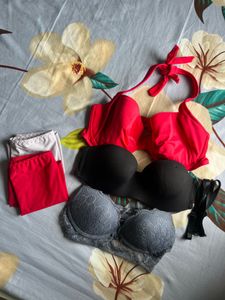 Pack of 3 Bras:Red,Black,Grey Lace and 2 pant