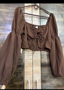 Brown Tie-Front Puff Sleeve Top