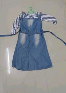 Denim Pinafore Dress with Striped Top