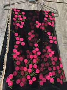 Black Net saree with Pink Floral Embroidery
