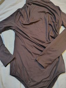Shein Brown Ruched Mock Neck Bodysuit