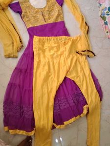 Girls Purple &amp; Yellow Anarkali Suit Set