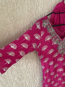 Vibrant Pink Kurta Set with Silver Print