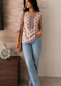 Beige Floral Print short Kurta