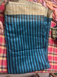 Blue and Black Striped Saree without blouse