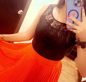 Chic Black Lace &amp; Orange Pleated Dress