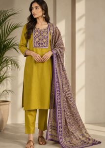 Mustard & Purple Ajrakh - 3 piece Kurta Set