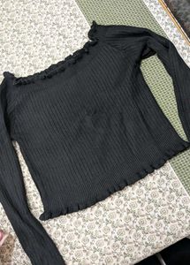 Black Ribbed Off-Shoulder Top