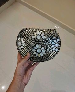 Brand New Silver Mirror Work Metal Clutch Bag