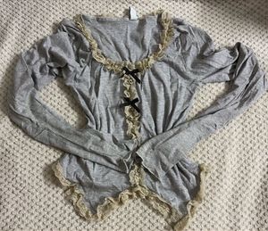 Grey Lace Trimmed Long Sleeve Top