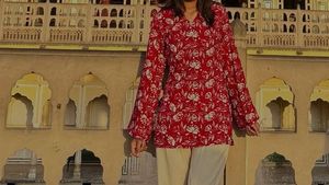 Red Floral Print bell shaped full sleeves  Kurta