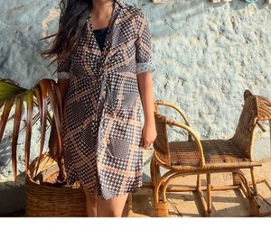 Chic Patchwork Print Shirt Dress M size