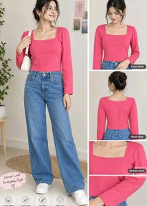 Chic Pink Square Neck Long Sleeve tank Top