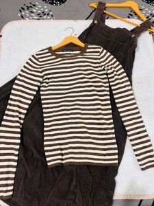 Women's Striped Long Sleeve Top &amp; Brown Overalls