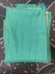 Beautiful Teal Saree with Gold Stripes
