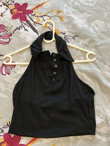 Black Ribbed Halter Neck Crop Top