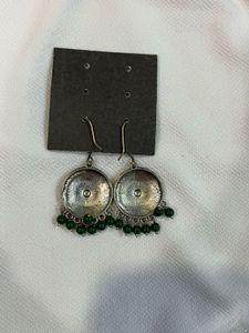Oxidized Silver Jhumka Earrings with Green Beads