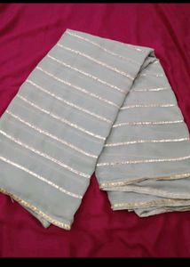 Elegant Grey Saree with Silver Stripes