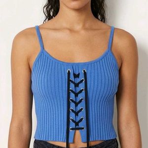 Blue Ribbed Lace-Up Crop Top