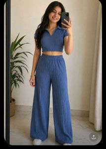Blue Textured Crop Top & Wide Leg Pants Set