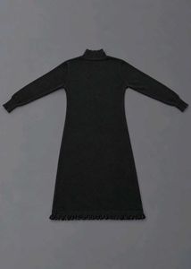 BLACK HIGH NECK LONG SLEEVE FRINGE HEM MIDI DRESS