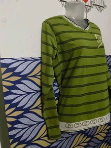 Women V Neck Green Striped Long Sleeve Top