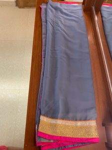 🌚Grey Saree with Pink &amp; Gold Border🌚