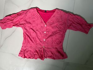 Schiffli Hot pink crop top with cinched waist