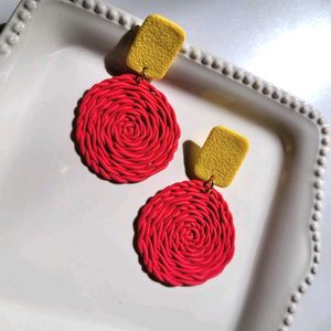 Handmade Red Swirl Earrings with Yellow Tops
