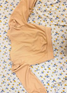 Cute Beige Ribbed Top/Blouse with Tie Collar