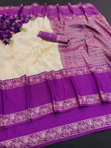 Elegant Cream &amp; Purple Silk Saree